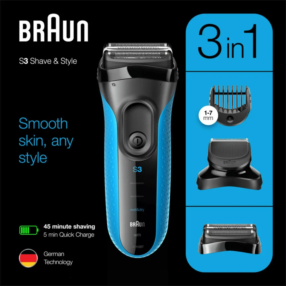 Heren Braun Elektrisch Scheerapparaat Series 3 3010BT Zwart / Blauw