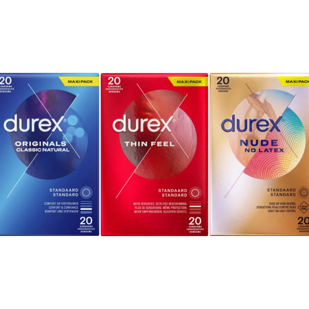 Durex - Classic Natural Condooms 20 stuks, Thin Feel Condooms 20 stuks & Nude No Latex 20 stuks - Pakket