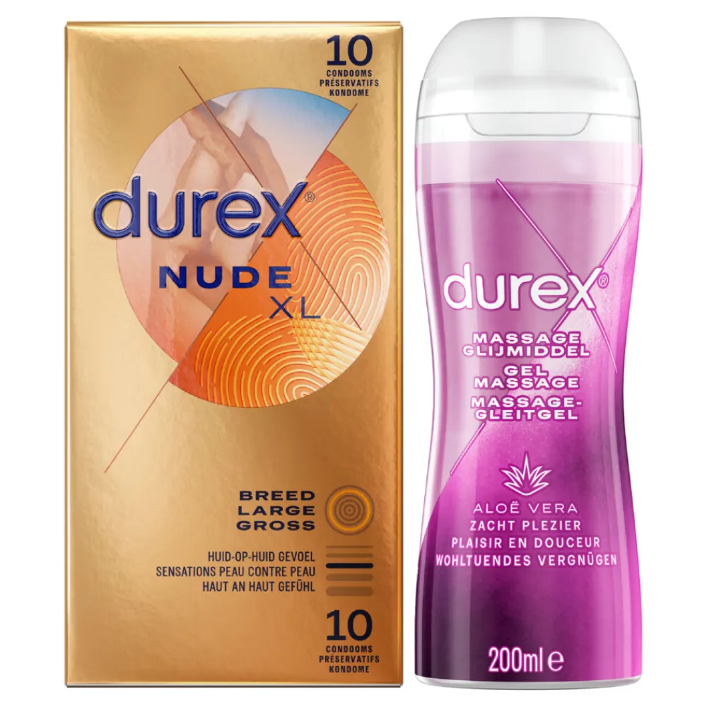 Durex - Nude XL Condooms 10 stuks & Play Massage Gel 2 in 1 Aloë Vera 200 ml - Pakket