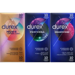 Durex - Perfoma Condooms 10 stuks, Nude Extra Lube Condooms 10 stuks & Orgasm Intense Condooms 10 stuks Pakket