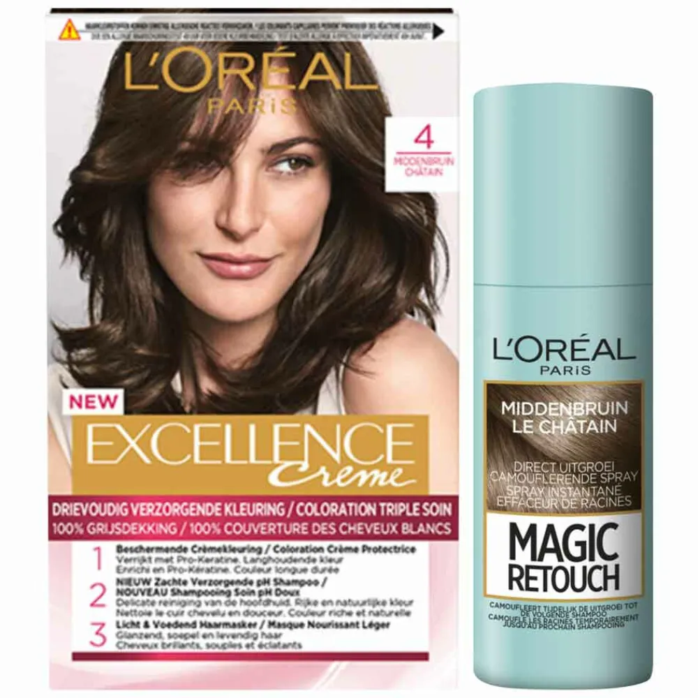 LOréal L'Oréal Excellence Creme Haarverf 4 Middenbruin + Magic Retouch Uitgroeispray Middenbruin 75 ml Pakket