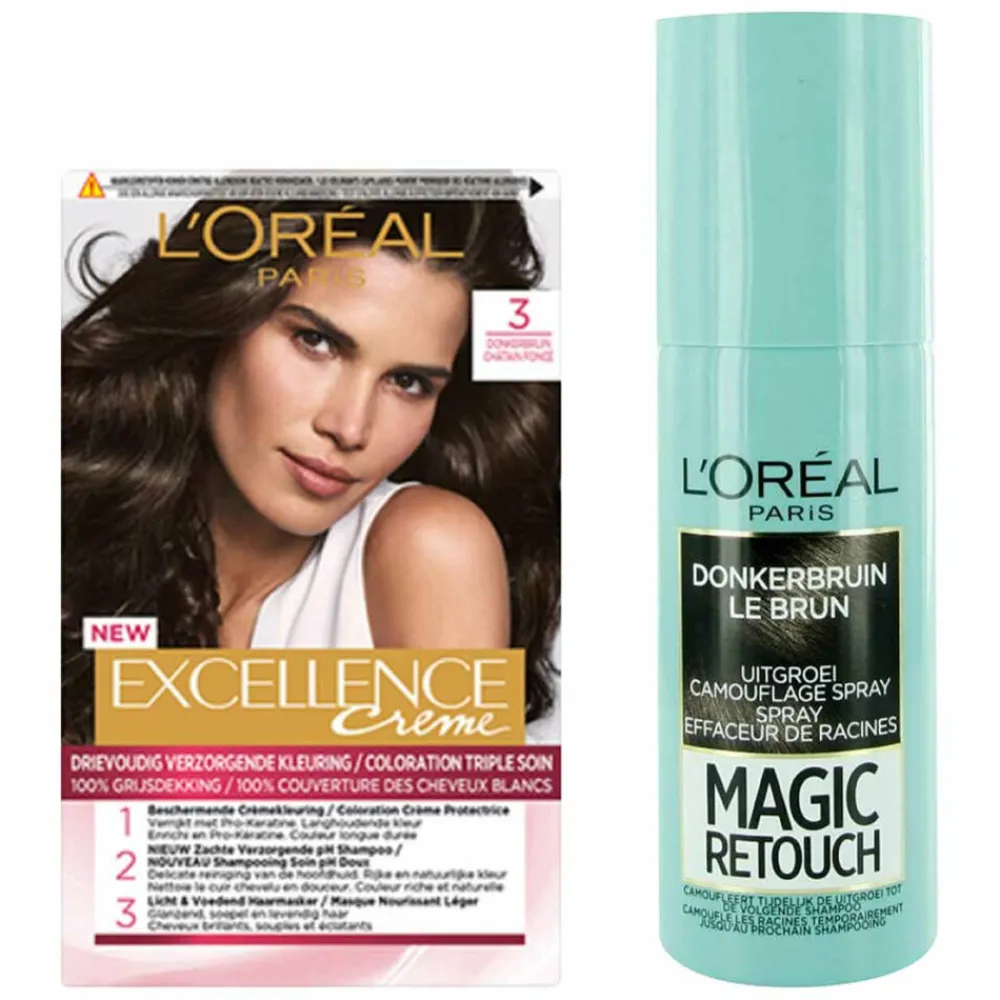 LOréal L'Oréal Excellence Crèmekleuring 3 Donkerbruin 1x & Magic Retouch Uitgroeispray Bruin 1x 75 ml Pakket