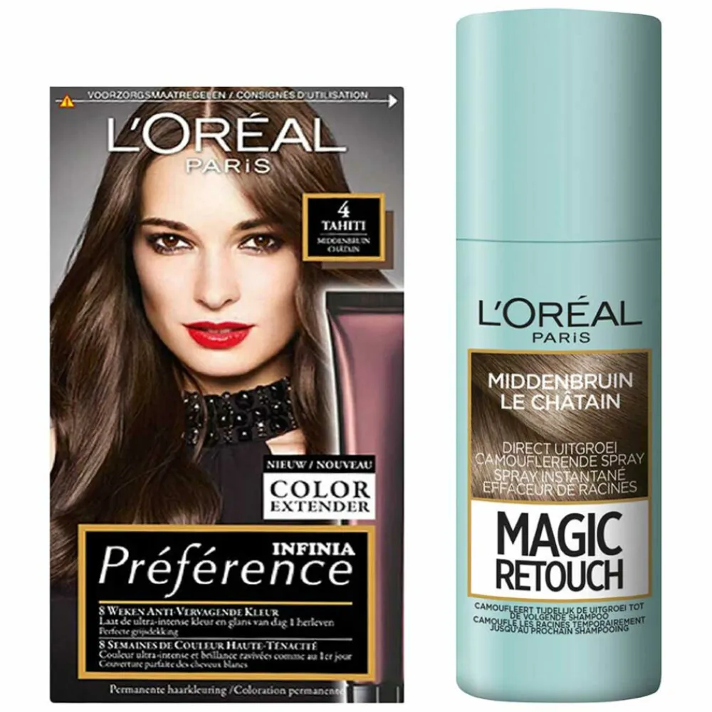LOréal L'Oréal Preference Haarkleuring 04 Tahiti - Middenbruin + Magic Retouch Uitgroeispray Middenbruin 75 ml Pakket